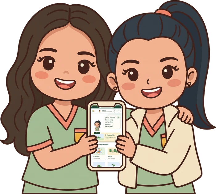 Lyna y Brenda, las profes de Aula Contigo, abrazadas y sosteniendo un celular que muestra la app